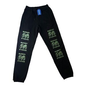 NWT Market Studios Heavyweight Sweatpants Black Green World Logo Sz Extra Small